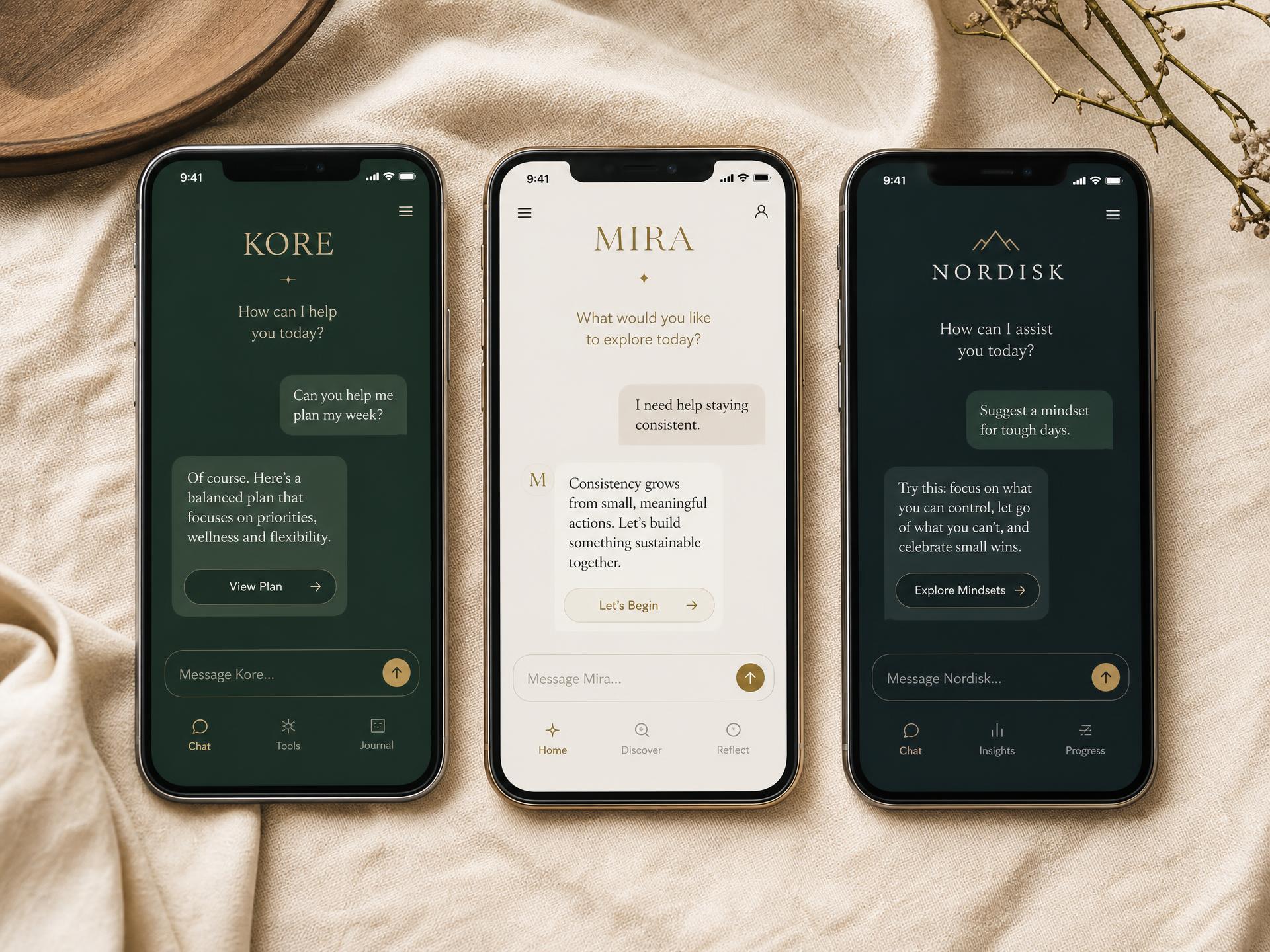 Three phone mockups showing Pepi styled in three different brand skins